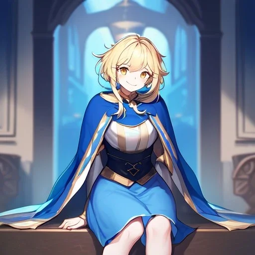 Clear focus, High resolution, Rough line, cute, cartoon style, blonde short hair, golden eyes, long locks, spiky hair, wearing a white sleevless shirt, wearing a blue cloak, wearing a light blue skirt, wearing white long socks and brown shoes, smiling, 1girl, sitting