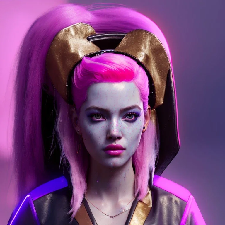 Pretty cyber woman, pink hair, sci-fi, sweet face, black, gold, brown, geisha style, symmetric plane, neon style, a lot of led lights, fog, rain, leather coat, vibrant color, highly detailed, art stations, concept art, smooth, unreal engine 5, god rays, ray tracing, RTX, lumen lighting, ultra detail, volumetric lighting, 3d, finely drawn, high definition, high resolution.