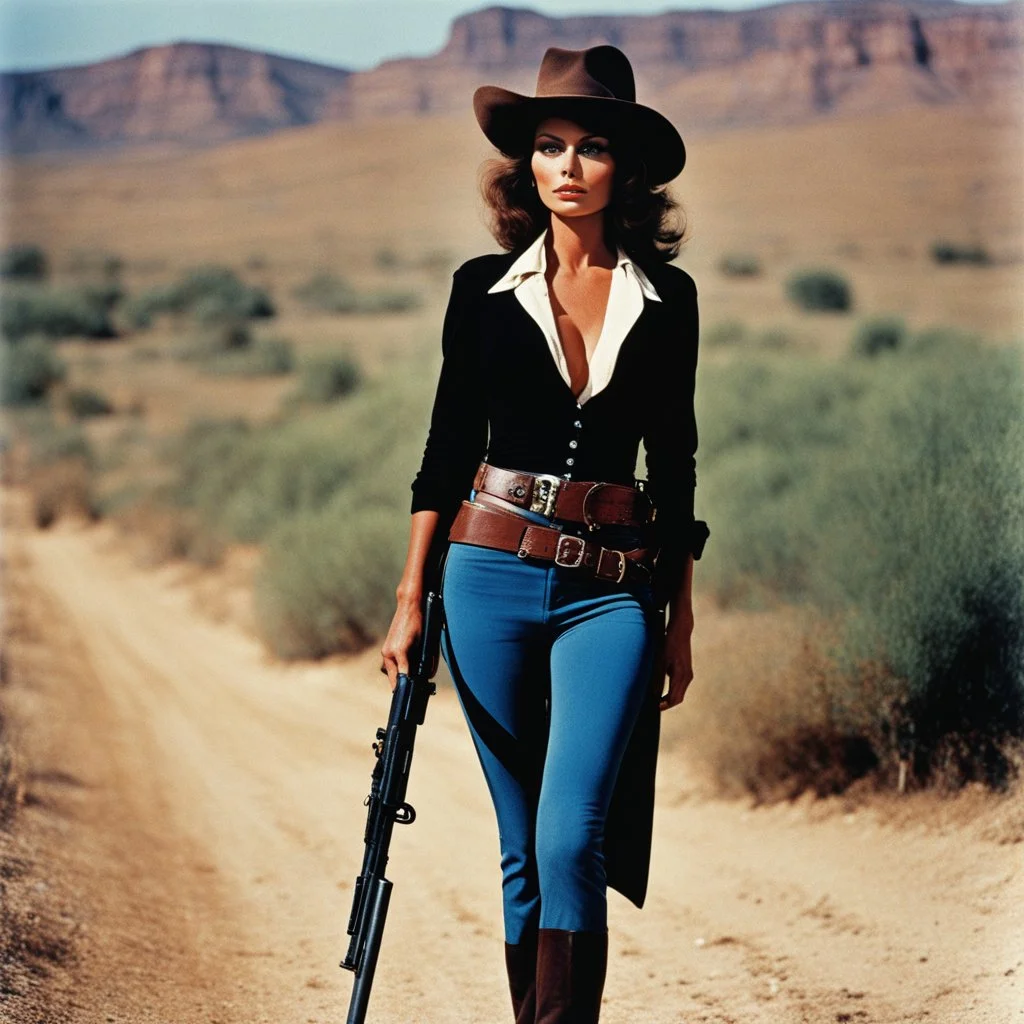 [colour photo by Helmut Newton] happy in the wild Wild West: My Name Is Nobody [Il mio nome è Nessuno (1973)] youthful Sophia Loren stands tall with her 1862 gun, a dusty Italian and dangerous western cowgirl, ready to fight