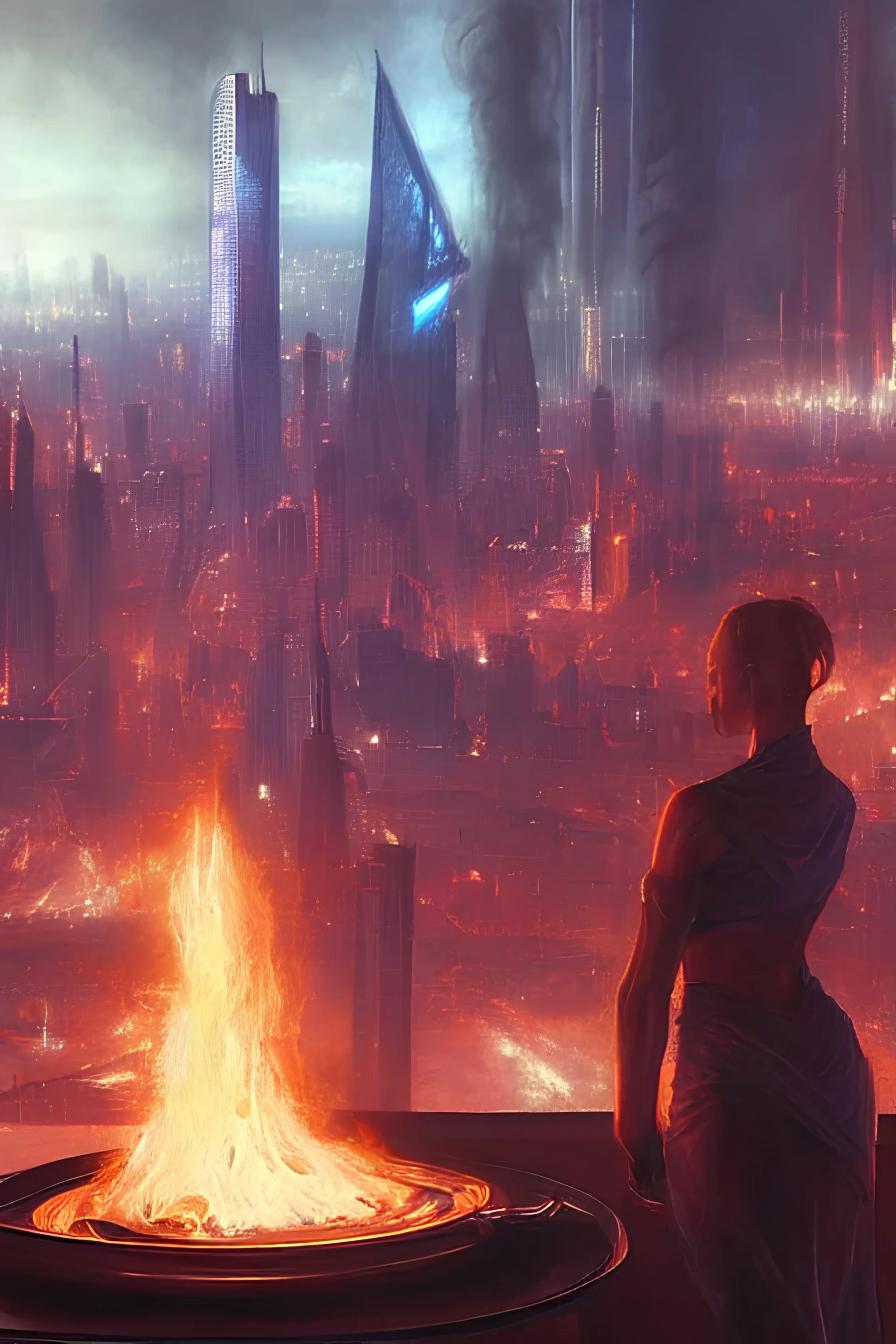 in the foreground two glasses of alcohol on a table in the background a ( futuristic ) city in flames, realistic, high definition, no people in the image!!!, 4 k, shimmering color, cinematic light, hyper detailed, art by greg rutkowski and magali villeneuve and artgerm