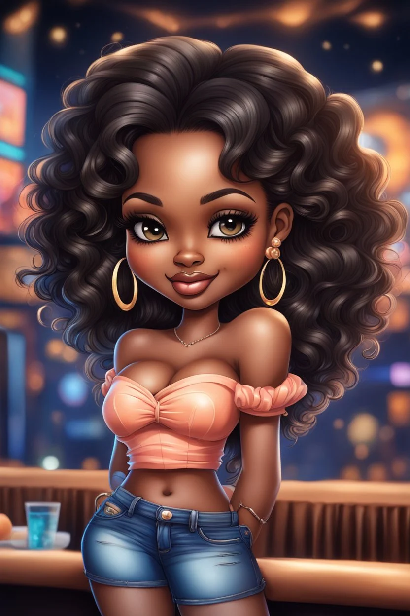 create an airbrush illustration of a chibi cartoon curvy black female wearing Tight blue jeans and a peach off the shoulder blouse. Prominent make up with long lashes and hazel eyes. She is wearing brown feather earrings. Highly detailed long black shiny wavy hair that's flowing to the side. Background of a night club.