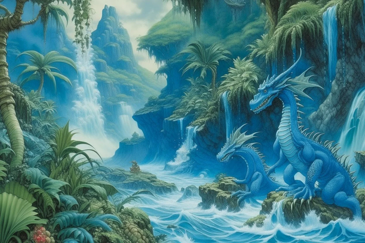 A blue watery coast with water dragons near a rainforest designed in Hawaiian tiki statues painted by Katsushika Hokusai