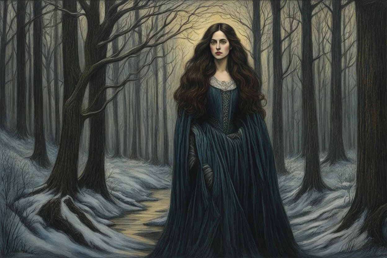 create a 3/4 profile, full body oil pastel of a dark haired, savage, ornately dressed, vampire girl with highly detailed , sharply defined hair and facial features , in a dark winter forest glade at dawn, in the Pre-Raphaelite style of JOHN WILLIAM WATERHOUSE