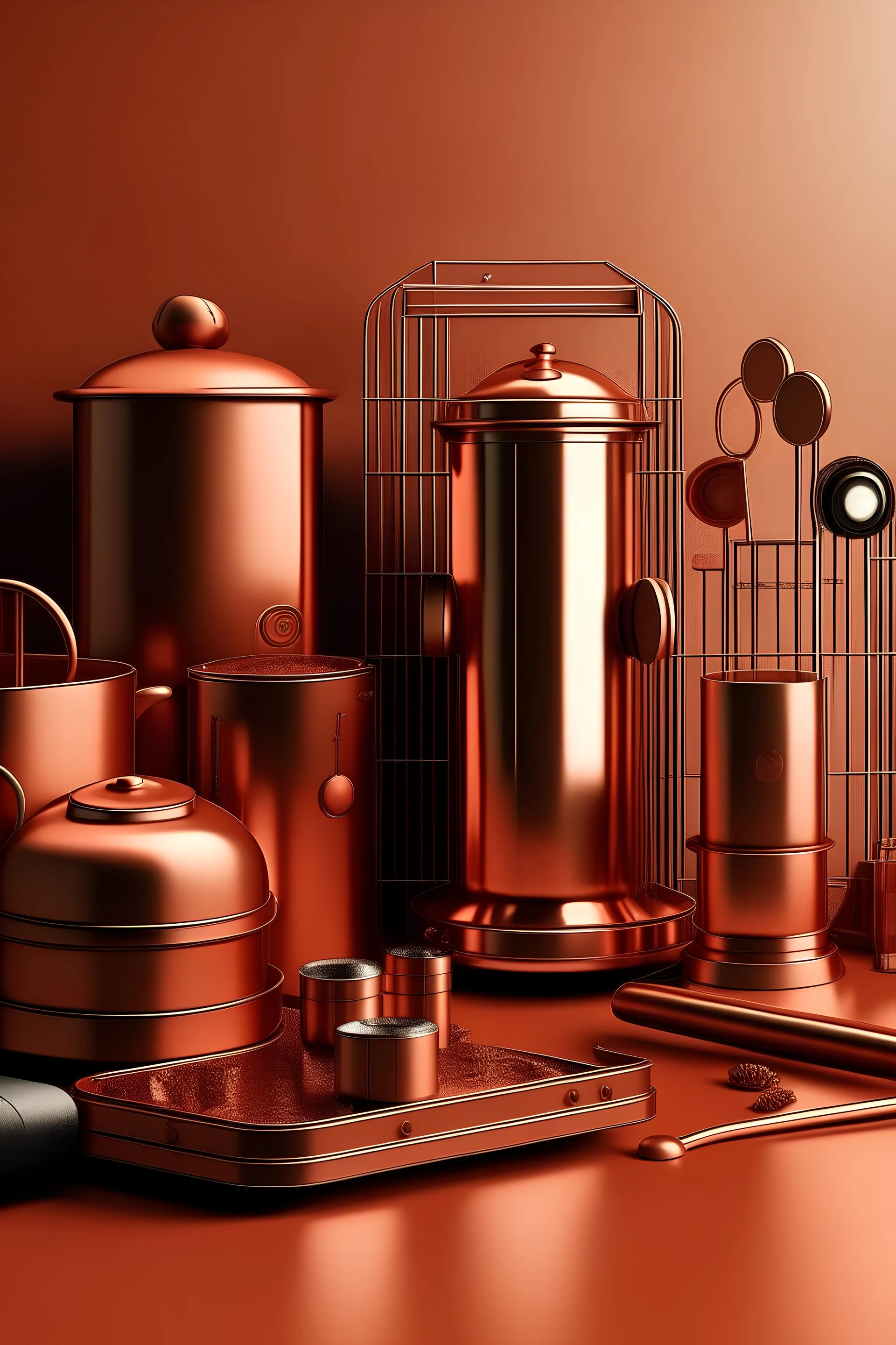 Please produce a photo of copper-inspired electrical household appliances for the cover of a poster.