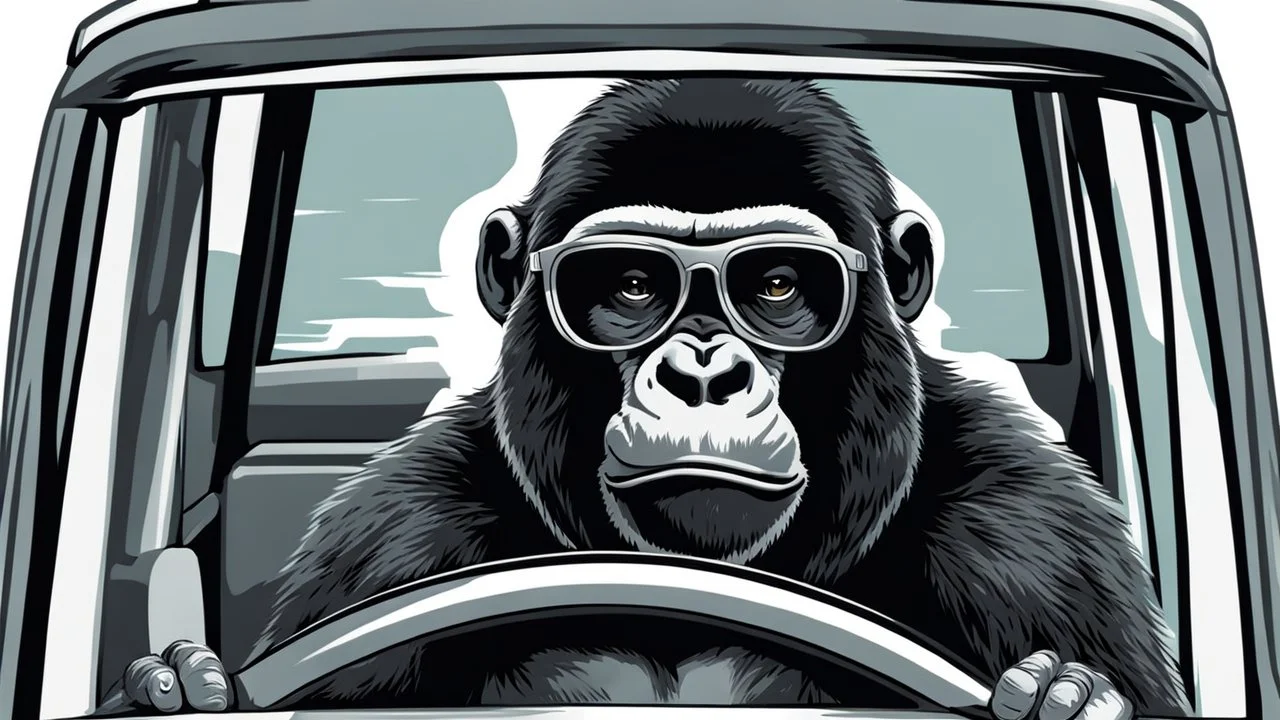 Gorilla wearing thick glasses driving a car. Illustration.