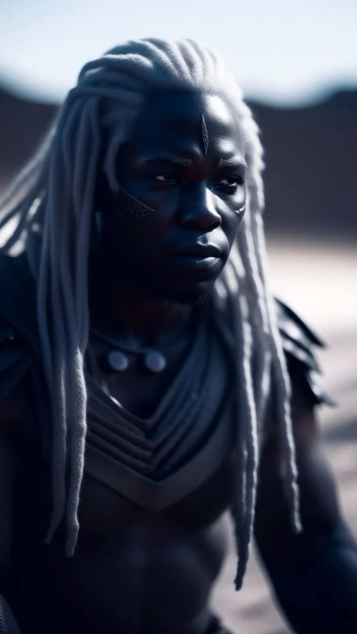 A hyper realistic photo of: Some forgotten realms strong dark skinned draw hooded creature with long white hair wades into a strongly dark grey colour emitting magically radiating and bubbling color pool in an endless windswept level landscape of only sand and grit. photorealistic, bokeh, masterpiece, smooth shading, ultra detailed, high resolution, cinematic, unreal 6, subtle shadows, octane render, 8k, cinema 4d, HDR, dust effect, vivid colors, thin line draw