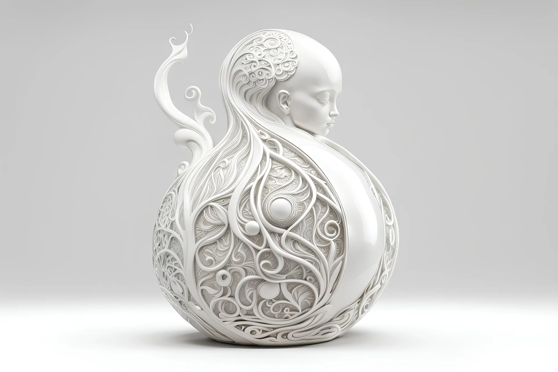 3D rendering of Expressively detailed and intricate of a hyperrealistic full body fetus, side view, glossy white, decorative flame