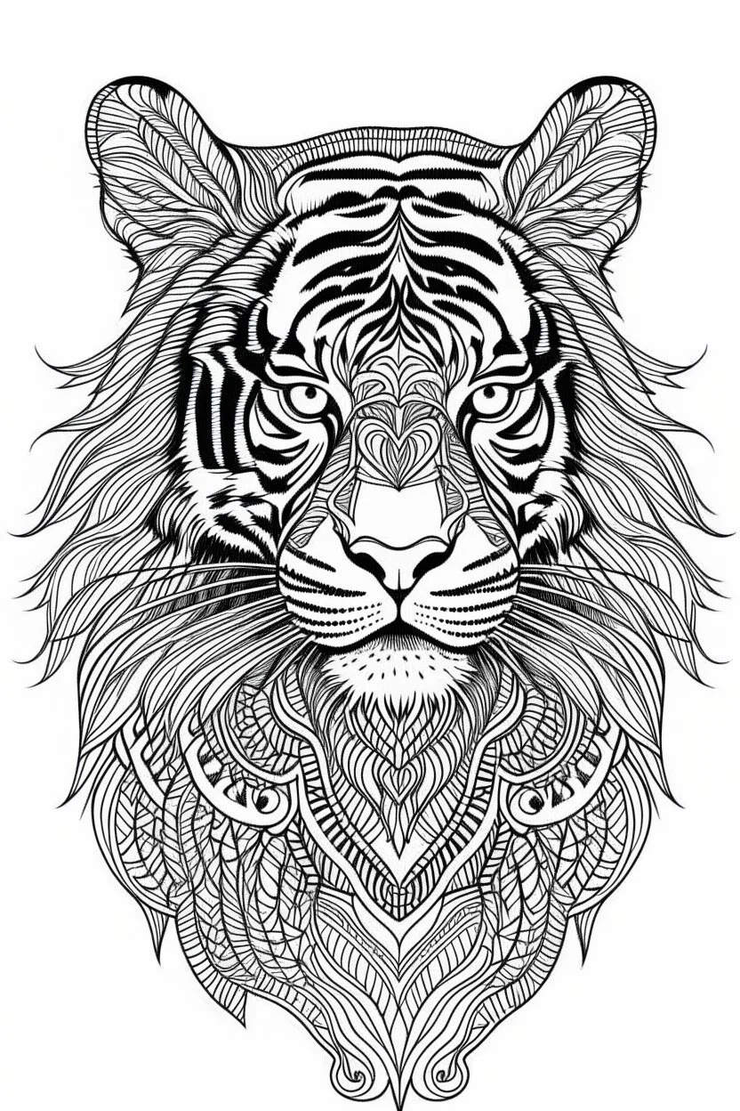 tiger mandala, realistic, each unique, full view, only draw lines, clean line art, –no sketch, white background, minimalistic black lines, minimal black color, coloring page, thin black line art, perfect shape, perfect clear lines,