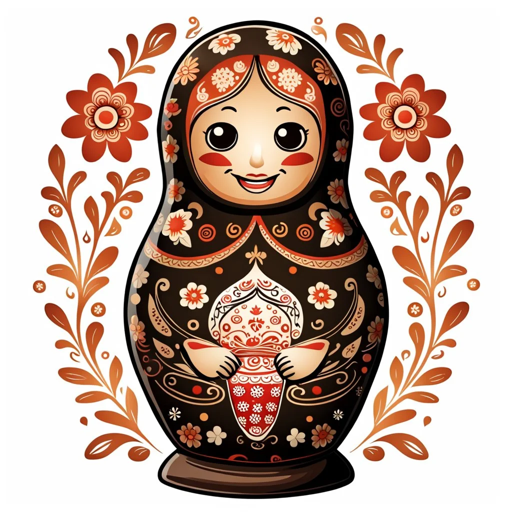 draw matryoshka dolls, the matryoshka is smiling, the kind sweet face of the matryoshka doll, behind the matryoshka Russian patterns in the style of Khokhloma