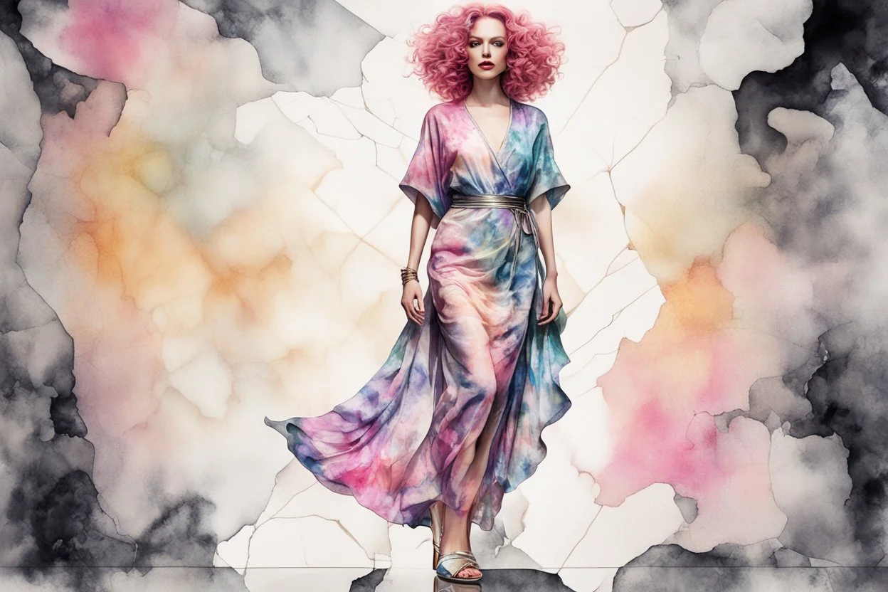 A beautiful woman with knee-length curly pink hair, wearing a spider-sleeved ankle-length tie-dye kaftan and silver high-heeled sandals, double exposure, merged layers, watercolor and black ink outlines, soft, shading strokes, cracked marble holographic background, the cracks are golden S<AI in sunshine