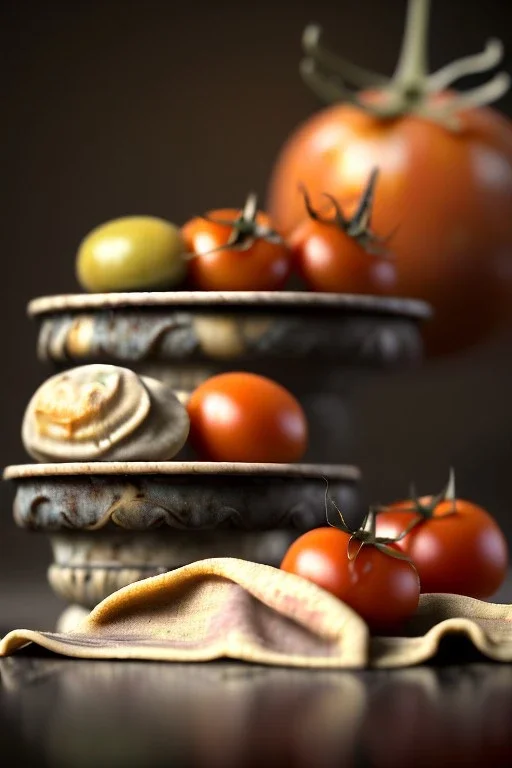 renaissance style still life composite, Raviolis with natural tomato, albahaca, olives, olive oil. Dish, moisture, art, natural, ornaments, ceramic, marble, high kitchen, smooth, god rays, unreal engine 5, ray tracing, RTX, lumen lighting, ultra detail, volumetric lighting, 3d.