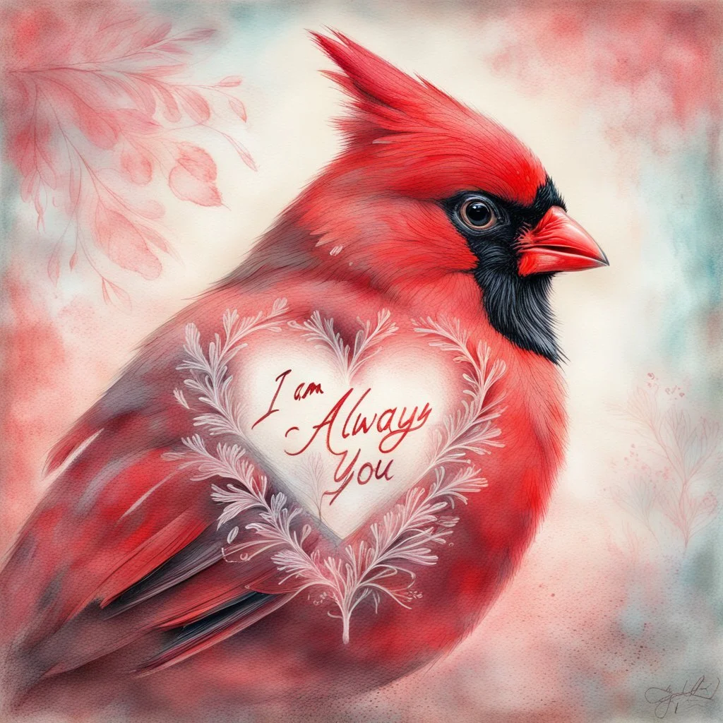 a vibrant digital chalk sketch painting featuring a double exposure image of a beautiful majestic red cardinal, ultra-detailed, within the body of the cardinal is a heart with the words "I AM ALWAYS WITH YOU" in a beautiful script