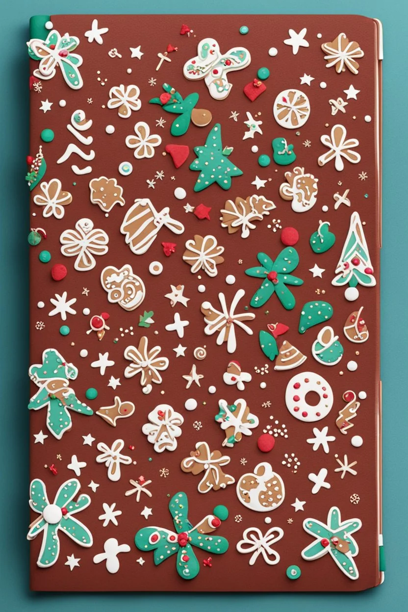 Create a bestselling notebook cover with a festive holiday theme. The design should feature a cheerful gingerbread motif and vibrant colors, evoking the warmth and joy of the season. Incorporate traditional holiday symbols for an eye-catching and must-have look during the holidays.