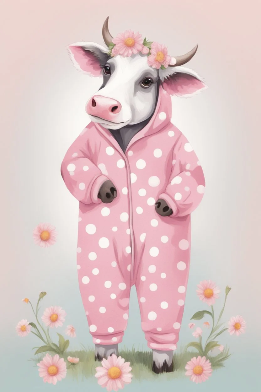 A cute cow dressed in a onezy pajama outfit. The onezy has pink polka dots on and is thick and cozy. She has a flower in her hair