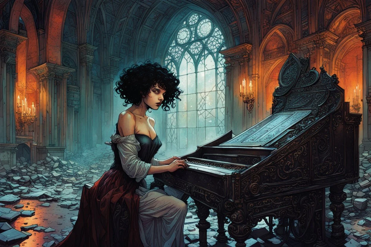 create a young vampire girl with short curly black hair, playing a piano filled with dark magic in a ruined Renaissance parlor, in the graphic novel style of Bill Sienkiewicz and Jean Giraud Moebius, highly detailed facial features, grainy, gritty textures, dark and foreboding, otherworldly and ethereal