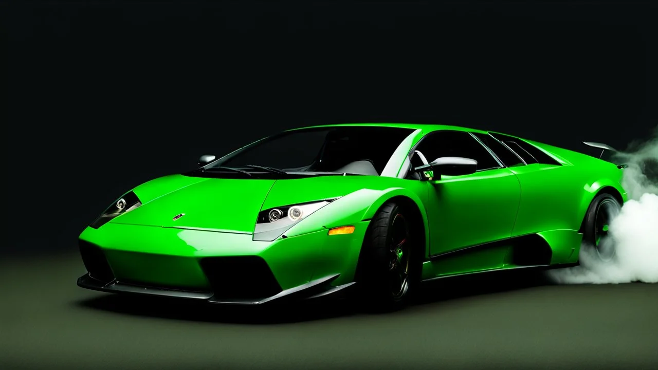 green lamborhini murcielago drifting in the smoke --chaos 80 --ar 16:9 --style raw --stylize 700