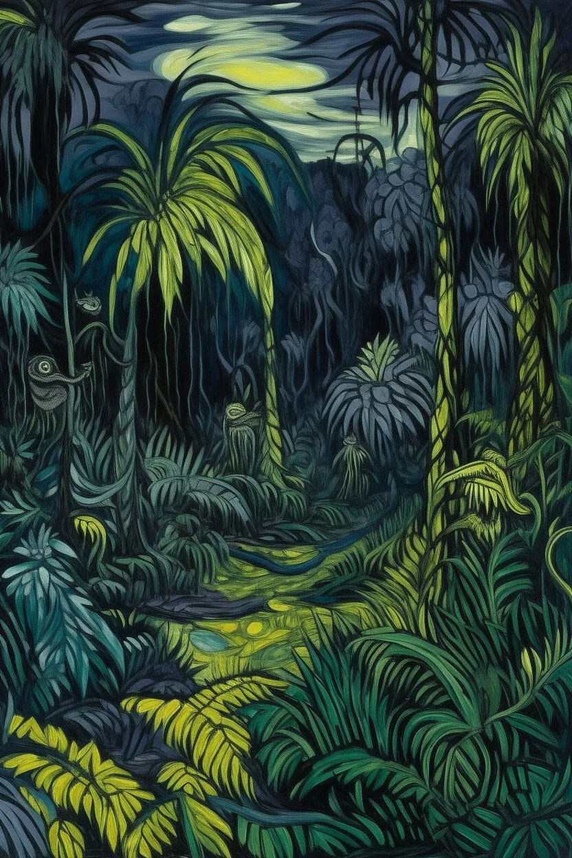 A purplish black rainforest with a war of nightmares painted by Vincent van Gogh