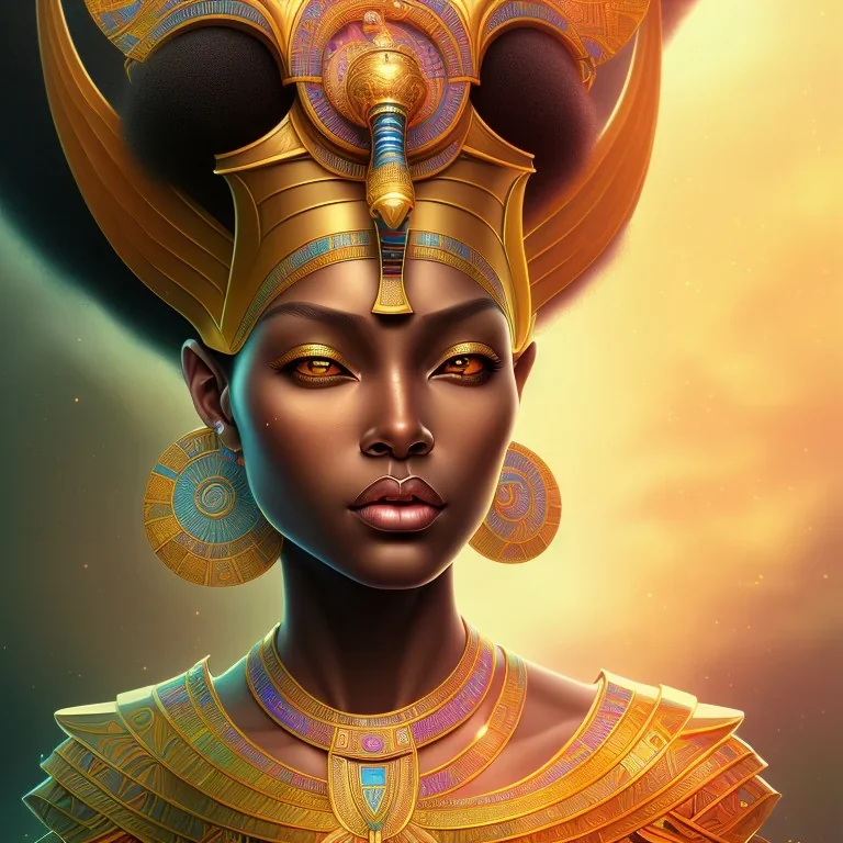 sango fantasy, fantasy magic, intricate, sharp focus, illustration, highly detailed, digital painting, concept art, matte, masterpiece head sexy view black African beauty black afro hair earth lady golden falcon head Egyptian princess pyramid sphinx background