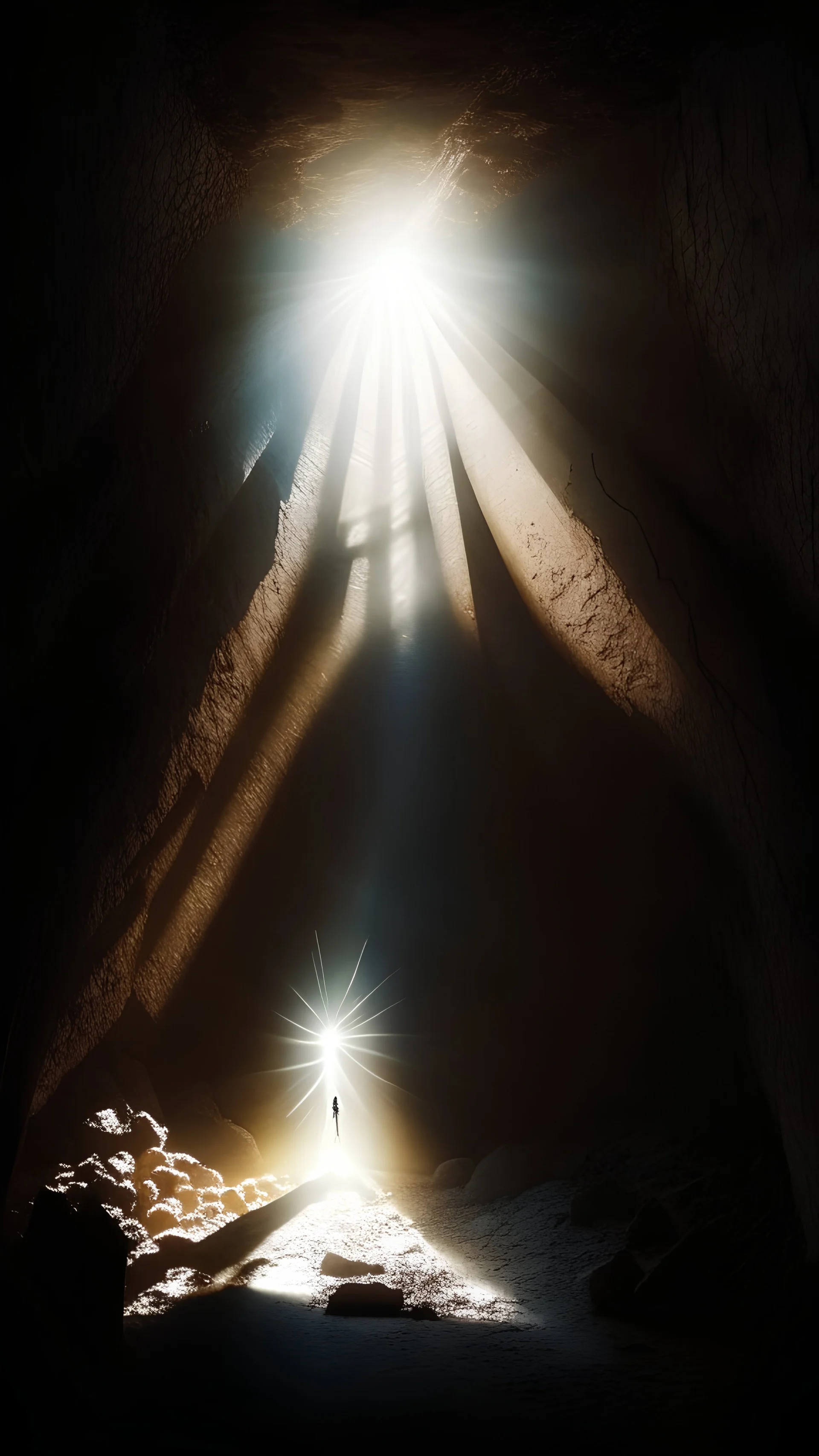 Figure on the scree cone of an underground hall lit by faint rays of sunlight diffuse, coming from a well located forty meters above.