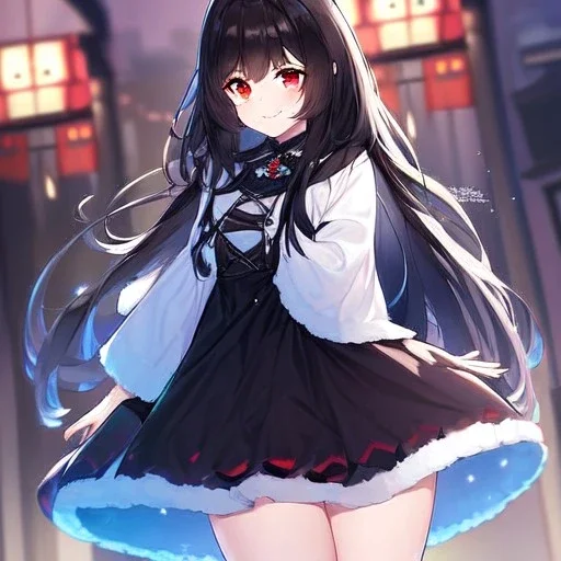 Clear focus, high resolution, black long fluffy hair, red eyes, wearing a cute outfit, kawaii