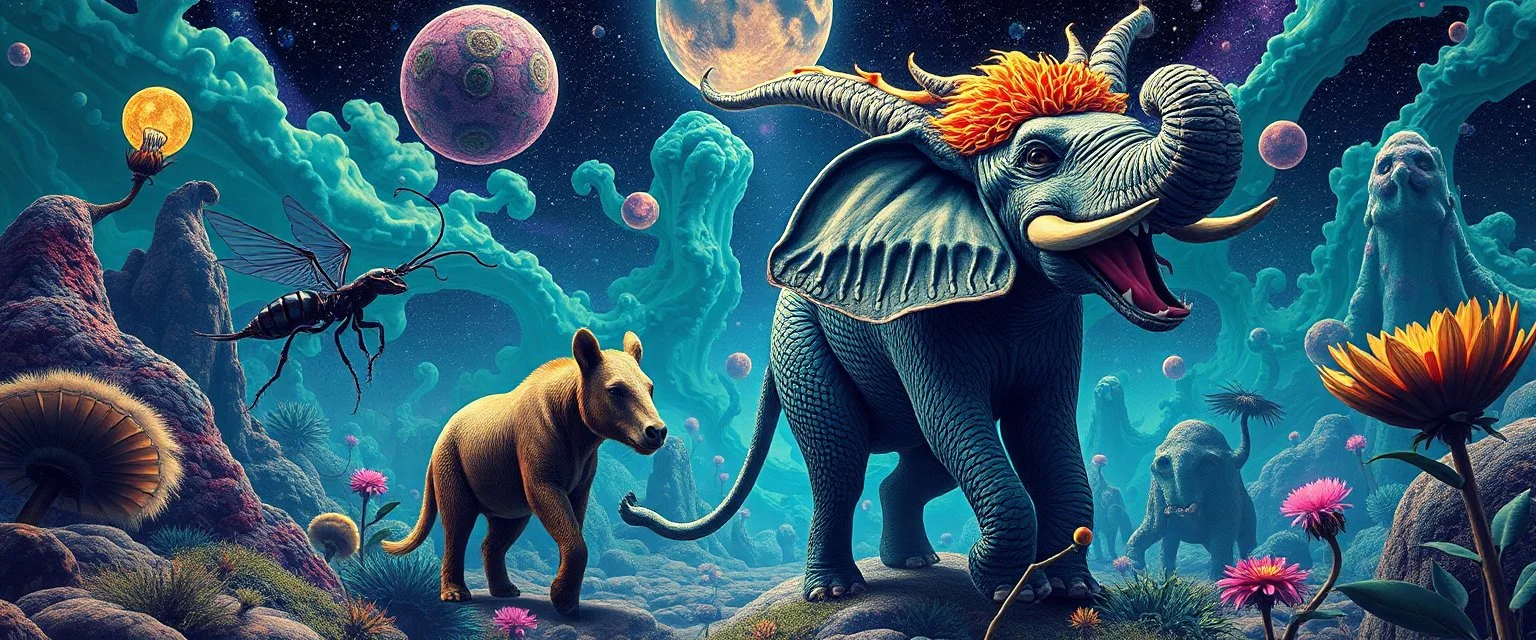 promenade portrait of a bear ant eater squid elephant horse dragon floating in 4 dimensions, goa trance movie poster, stylized art, weird endless plants