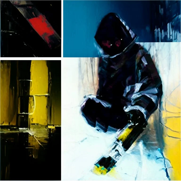 Minimal contemporary abstract oil paintings close up person wearing hazmat suit limbs sinew and concrete fragments illuminated at night style of Justin Mortimer And Francis bacon And ashley wood