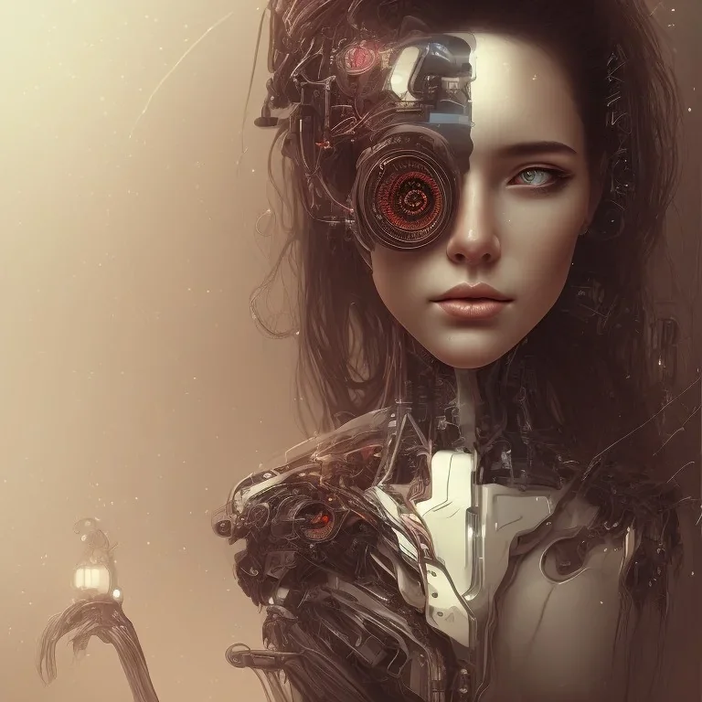 wonderfull portrait only woman half face robot rust, long black hair, intricate, sci-fi, cyberpunk, future,