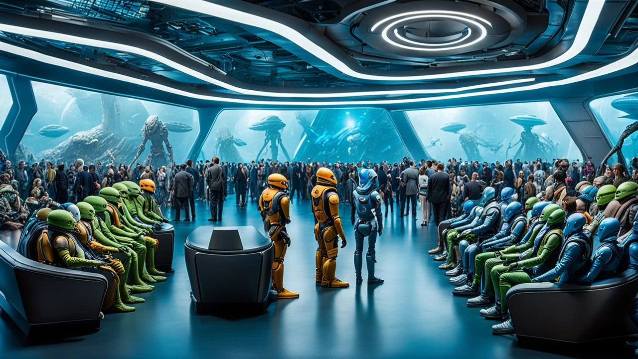 photo from the futuristic waiting room of a studio, a large crowd waits in a giant room. the aliens mutant humans, strange fantastical creatures, droids, and a few human-like beings of all sizes, colors, shaped and looks, stand in the crowd. high detalied, sharp focus, photorealistic, sci-fi style Professional photography, bokeh, natural lighting, canon lens, shot on dslr 64 megapixels , hd