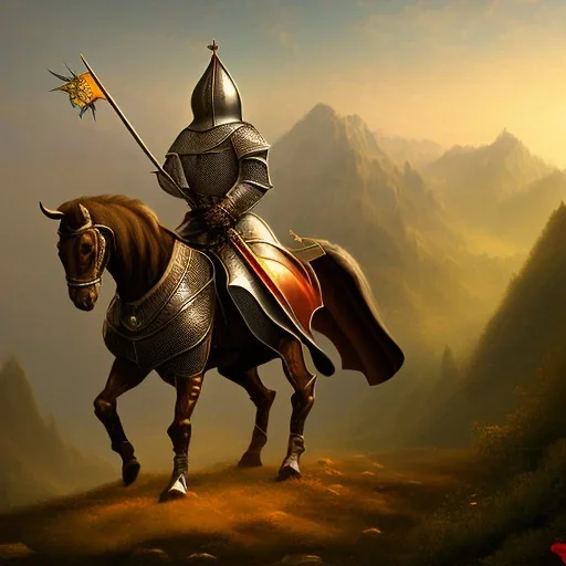  mountains with medieval knight traveling on a horse in the background