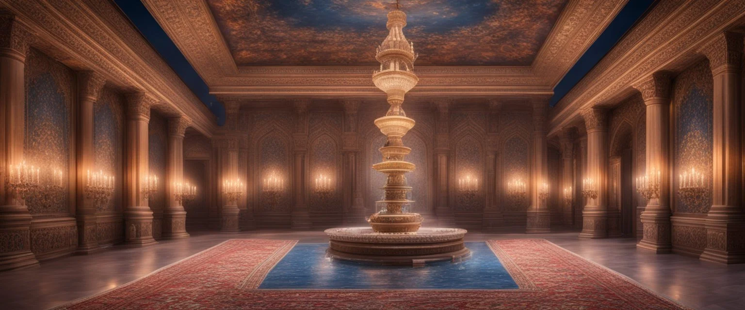 Hyper realistic detailed inside historical indian castle with chandeliers & ceiling paintings & glass work on pillars with beautiful carpet & water fountain at night