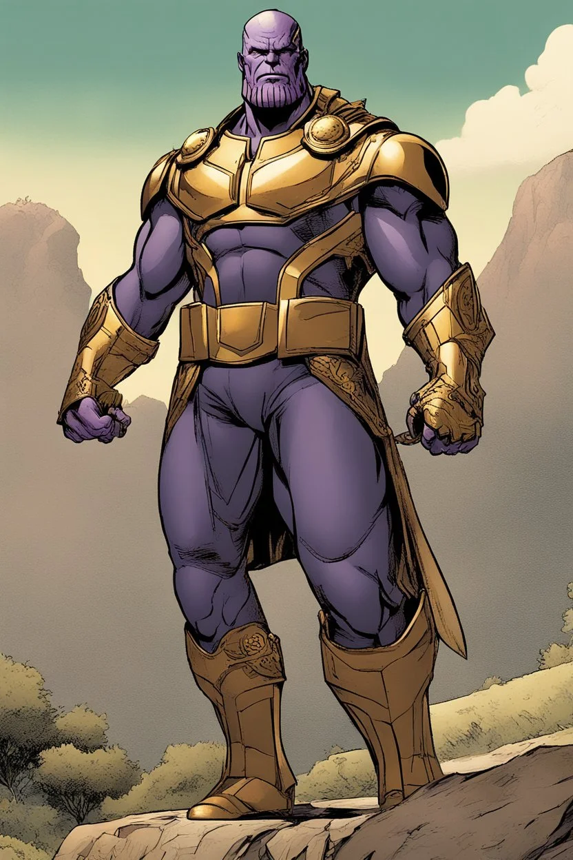 Thanos, the commander of the army of aliens and the king of the entire galaxy, is ready to go on a campaign with his two large swords, his very beautiful and impenetrable armor with his golden helmet, standing on top of a hill with his sword with infinity gauntlet