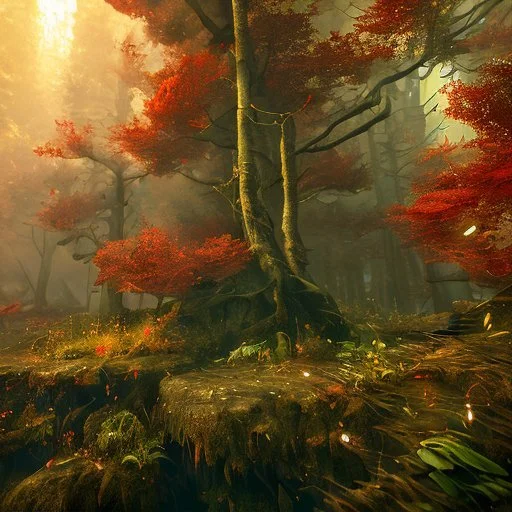 dynamic lighting, Intricately detailed, Splash screen art, deep color, Unreal Engine, volumetric lighting, red forest,