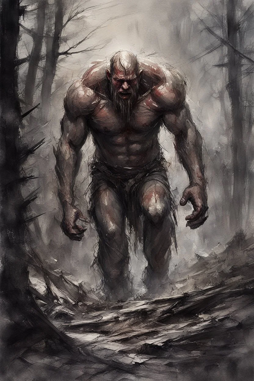 a stupid and crazy stone giant walks through the forest and breaks, vivid emotions, watercolor, photorealism, dark fantasy, bad weather, gloomy day, dark world, sketch art, fine lines, grunge, sensual, darkness, by Raymond Swanland & Alyssa Monks & Anna Razumovskaya