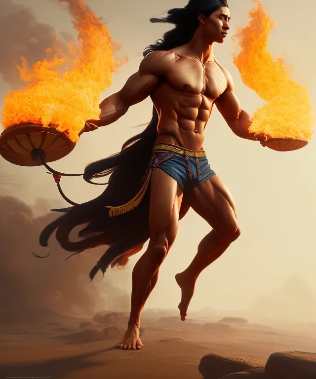 native american warrior, long black hair, dancing on top of fire, big muscles, shirtless, 8k resolution concept art portrait by Greg Rutkowski