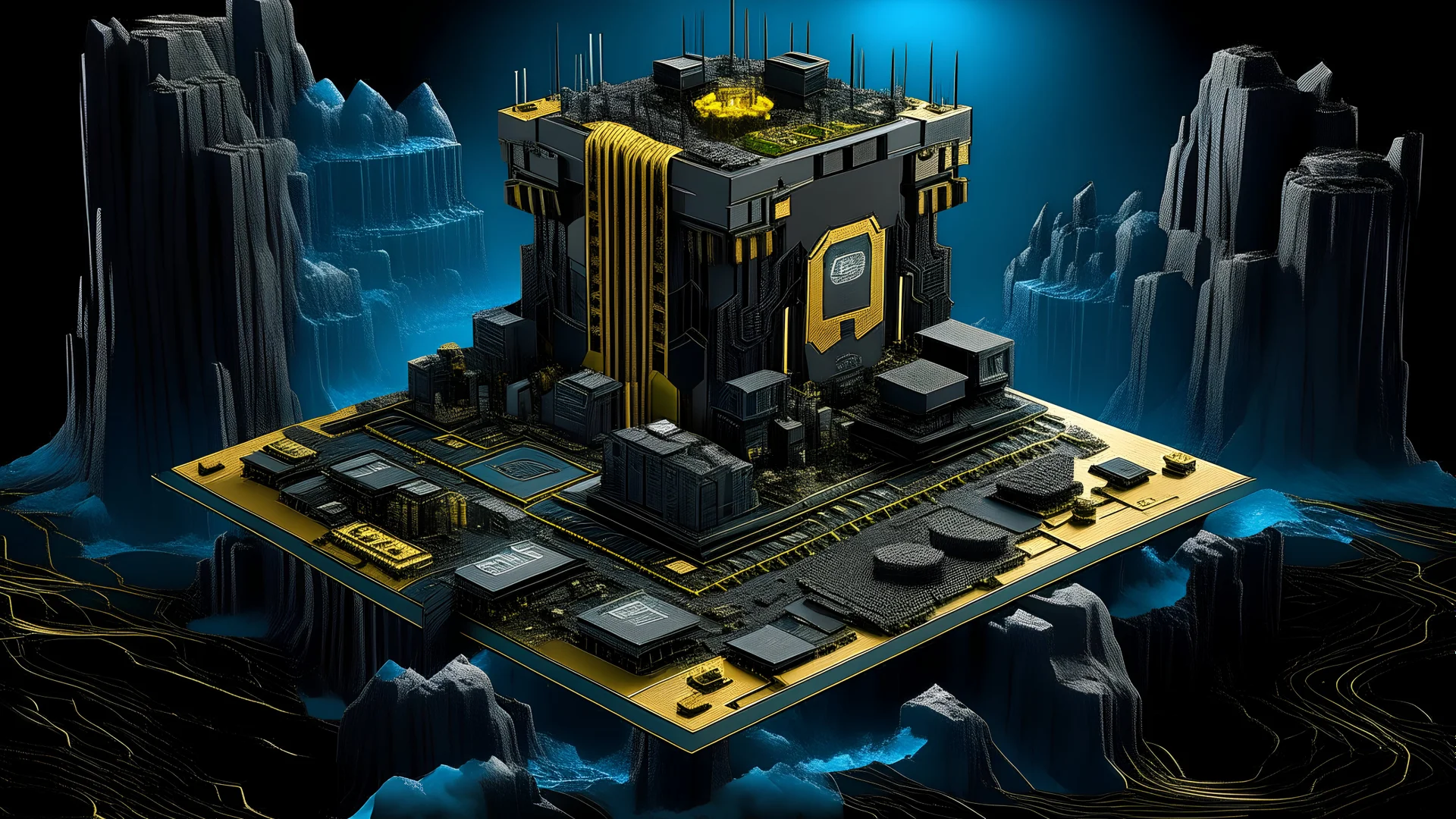 Produce an image of the ASUS B250 Mining Expert motherboard depicted as a majestic fortress atop a mountain peak, with its PCIe slots serving as mighty battlements defending against waves of data, while digital currency symbols swirl around it like a protective barrier, illustrating its stronghold in the realm of cryptocurrency mining.