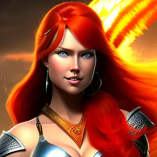 portrait of Red Sonja , attractive, fiery hair, orange color theme, rage background, clear focus, high resolution