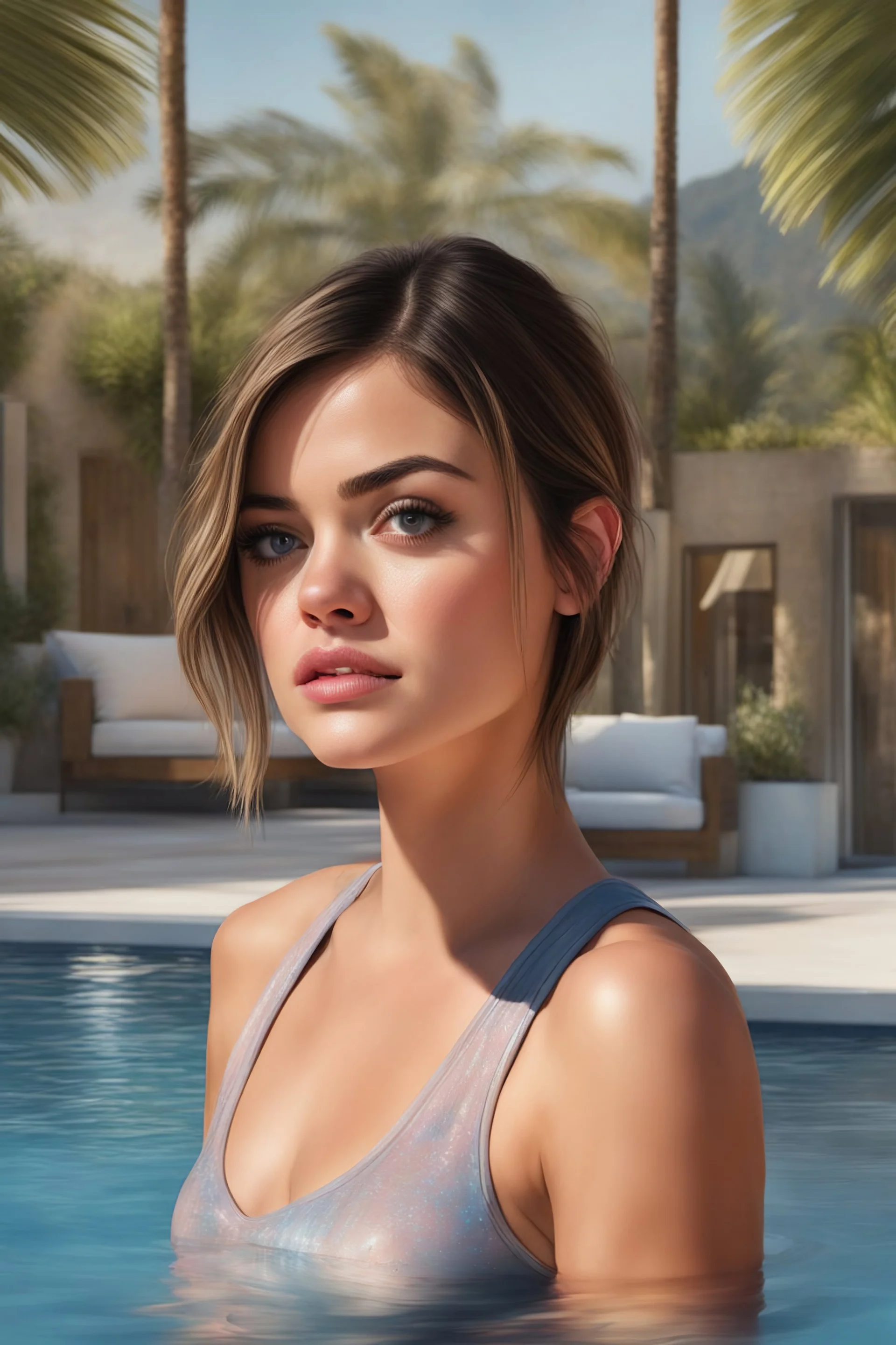 Hollywood Hot Tubs - head and shoulders portrait, Photorealistic, hyperrealism, Dazzling, Complex, dramatic, bold, attractive Lucy Hale, perfect, Athletic, toned body with tanned skin, perfectly formed body, at the swimming pool, extremely detailed, lipstick, eyeshadow, eyeliner, mascara, rouge