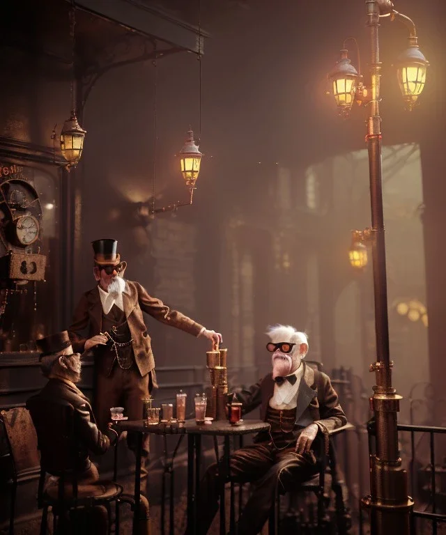 steampunk cabaret scene. old man. little monkey, Sunglasses, rain, smoking, happy, hot. Many people background, highly detailed, concept art, unreal engine 5, god rays, ray tracing, RTX, lumen lighting, ultra detail, volumetric lighting, 3d, finely drawn, high definition, high resolution.