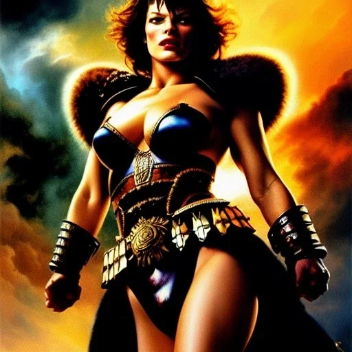 portrait oil on canvas,Mila Jovovich as beautiful busty Female Warrior, minimal armor,comic book cover, mystical colors,insanely detailed,realistic,intrincate detail, 16k resolution, masterpiece,Frank Frazetta,Alex Horley, Simon Bisley,