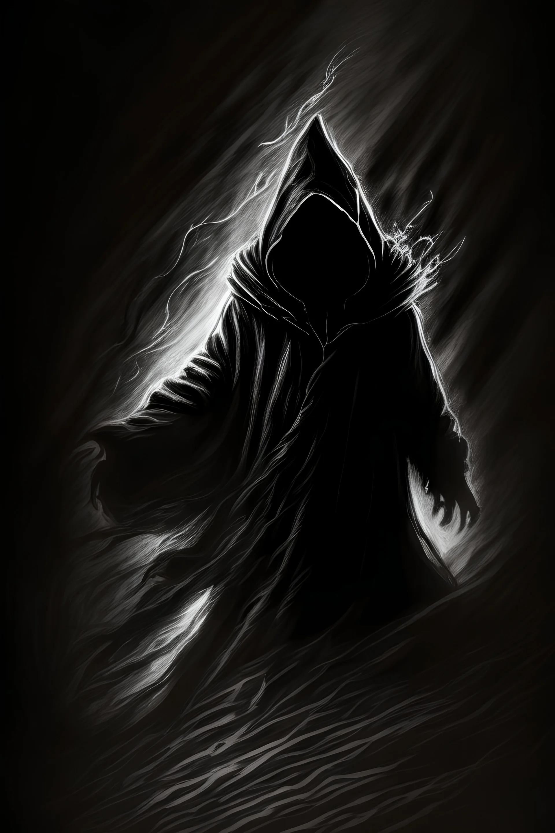 Low shot angle of dark wizard cloaked in darkness reaching towards camera hand drawn