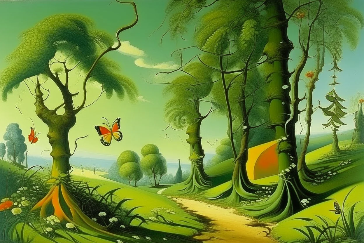 A spring green grove with butterflies painted by Salvador Dali