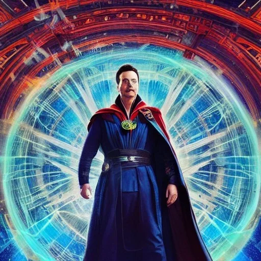 Sad, Elon musk as doctor strange, heartbroken, heroic, flying, insanely detailed, sunlit, realistic, porter, multiverse,acrylic paint