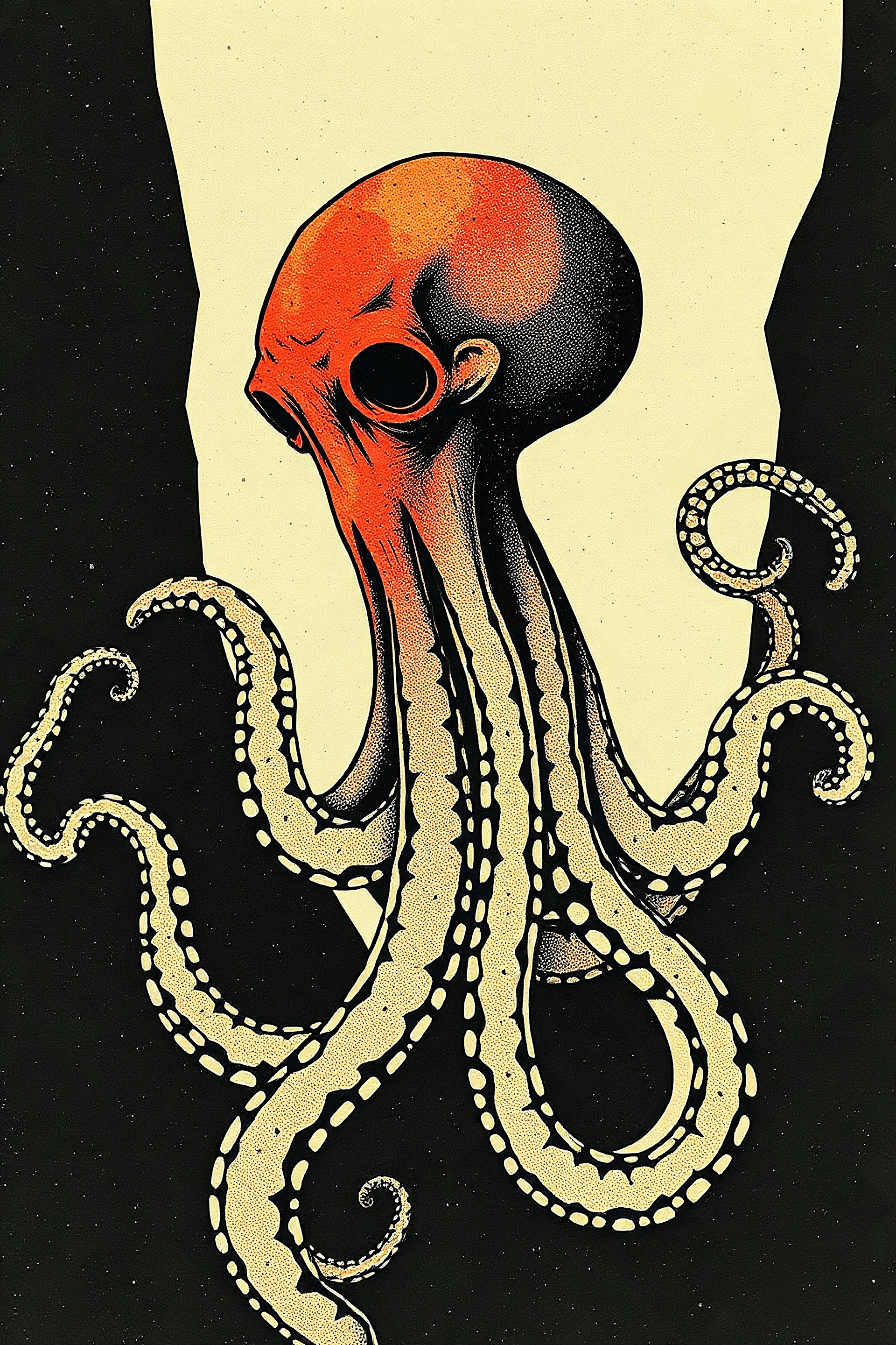 ANKH Halftone pattern + editorial illustration of the humanoid octopus woman + higly textured, genre defining mixed media collage painting + fringe absurdism + Award winning halftone pattern illustration + simple flowing shapes + subtle shadows + paper texture + minimalist color scheme + inspired by Zdzisław Beksiński.