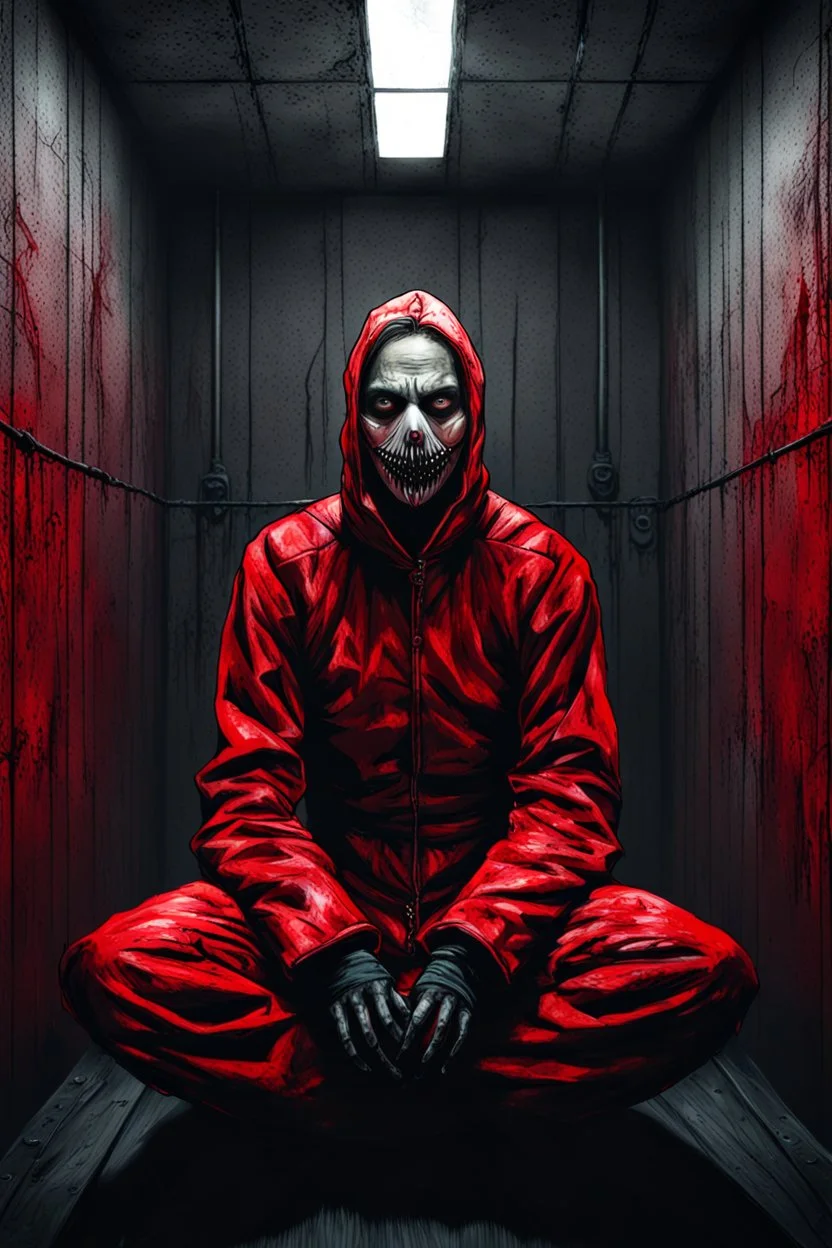 A scary gothic person sits quietly in the middle of a soundproof, padded room conveying intense dramatic emotions in a muted environment, wearing a bright red straitjacket , a mask to cover the mouth area of cannibal evil scary, dark and gothic look, cold eyes, eary ultra detailed,.32k, digital art style with messy paint, hardened sealer appearance, impasto, dramatic Arial view with explosive chaotic background