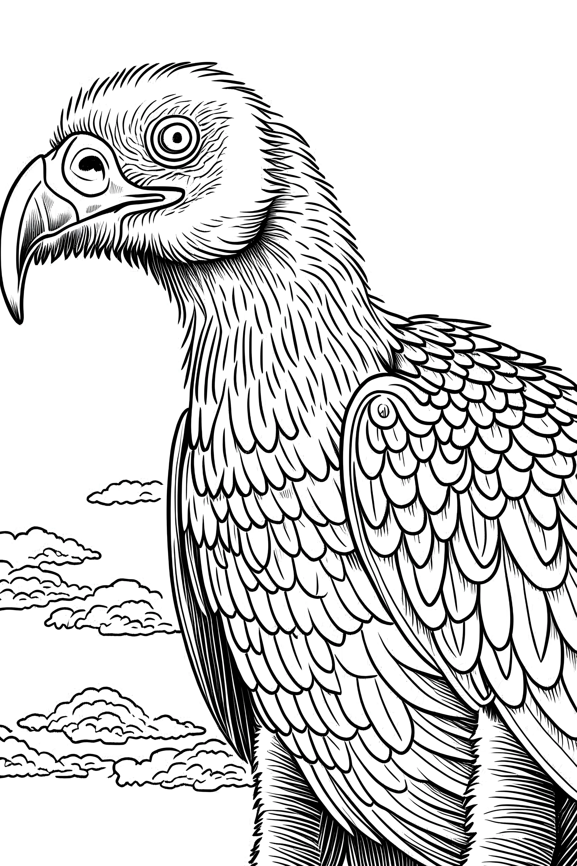 Vulture. centered flat minimalistic black and white high contrast line drawing, coloring book style, {prompt}, (white sky, white clouds, white hair, white objects, white clothing, white fur, white skin, white terrain, white scales, white everything:1.1), blank white background.