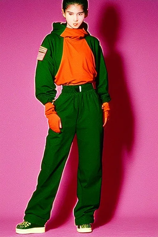 year 1994 women fashion. "summer combat suit trouser" with low waist, baggy, Combat pants, t-shirt and interesting hoodie with high tippet integrated to bolero. Colors: denim blue, blue, purple, khaki, "light, bright green", lilac, plum, orange, terracotta, red, pink, dark blue, beige. Women models. Starling pattern prints.Jennifer Lopez, Gwyneth Paltrow, . Big tennis shoes on. Cargo pants.