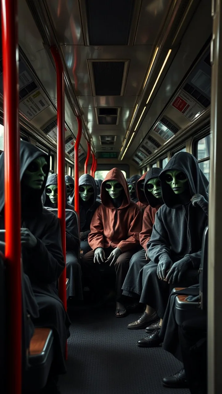 A bus full of scary hooded aliens sitting in the train