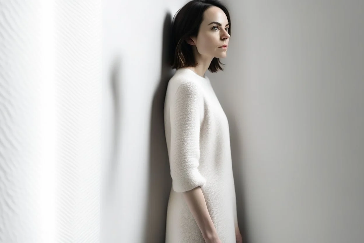 Woman wearing a wool dress, leaning against a white wall, fashion photography, real photography,16K