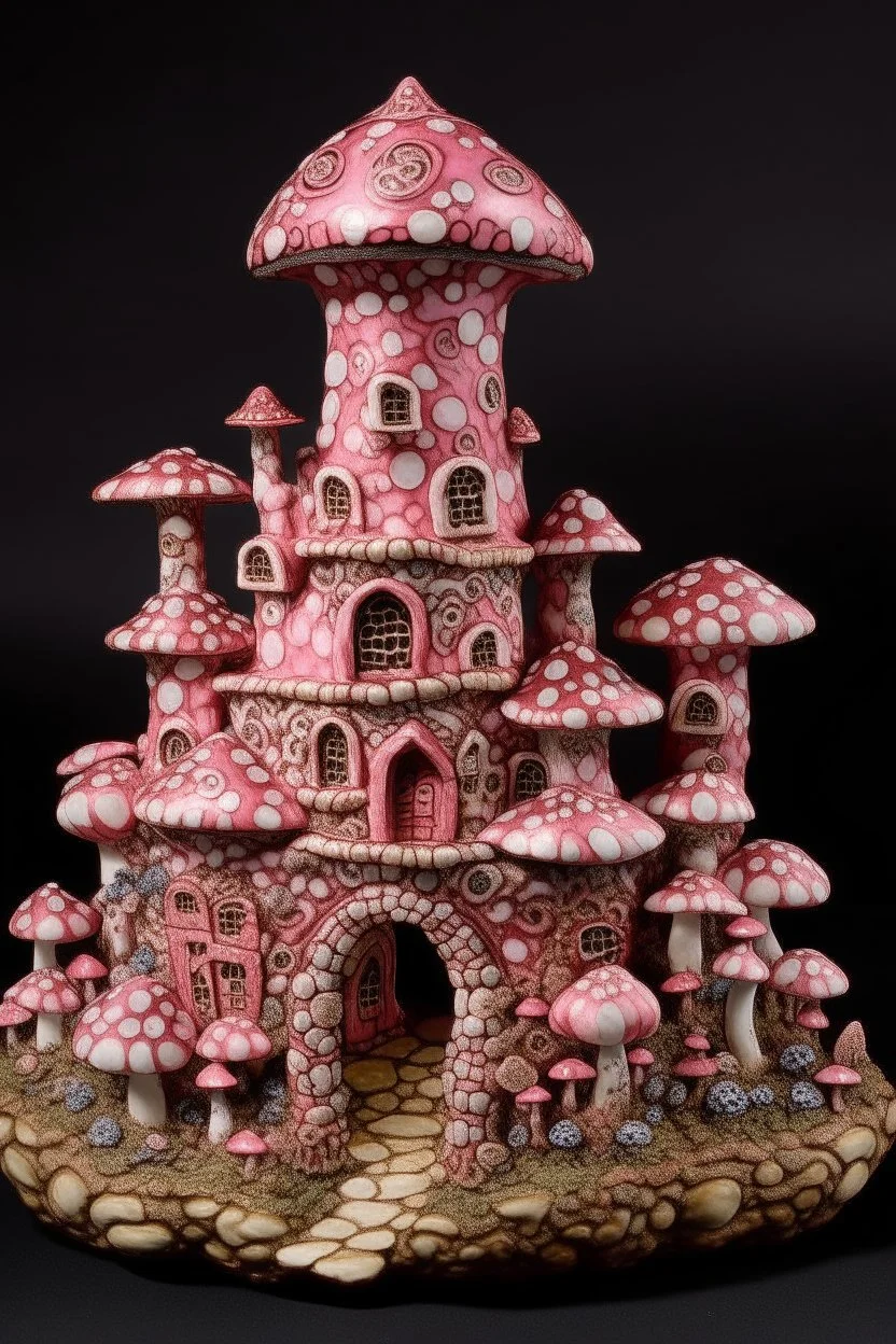 A pink castle with mushrooms designed in Kuna molas painted by Giovanni Battista Sassi