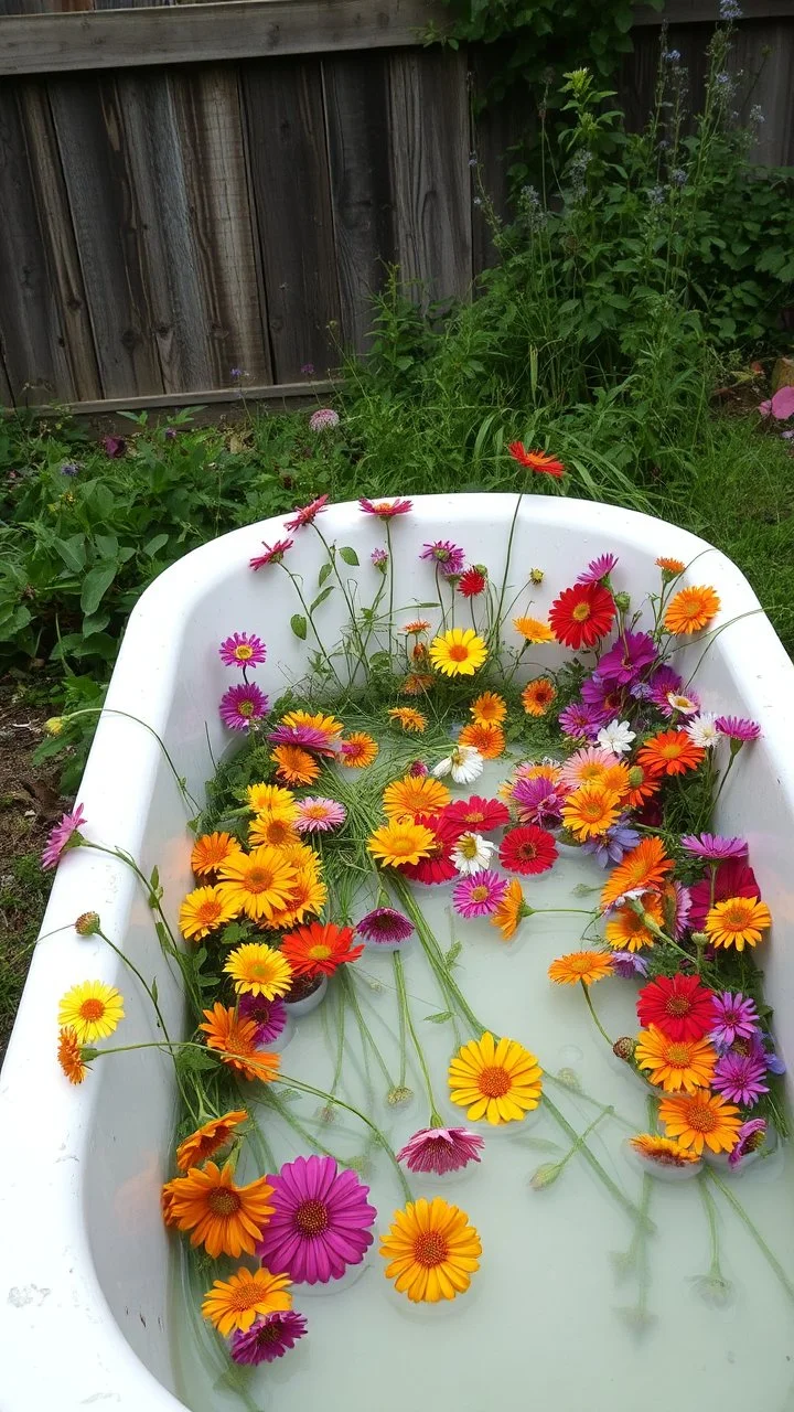 Bathtub filled with colorful flowers instead of water some of them are tingling down on the sided, abandoned in a the backyard